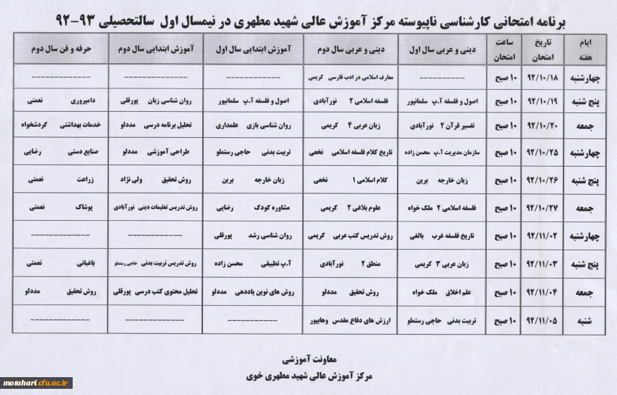 برنامه امتحانی کارشناسی ناپیوسته در نیمسال اول سال تحصیلی 93-92