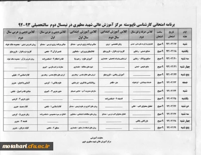 برنامه امتحانی کارشناسی ناپیوسته در نیمسال دوم 93-92