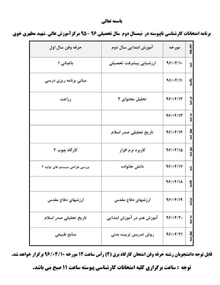 برنامه امتحانات کارشناسی پیوسته ناپیوسته در نیمسال دوم سال تحصیلی 96 - 95 مرکزآموزش عالی شهید مطهری خوی 3
